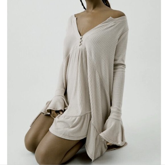 FREE PEOPLE OATMEAL OLIVIA HENLEY WAFFLE TUNIC TOP - Picture 5 of 9